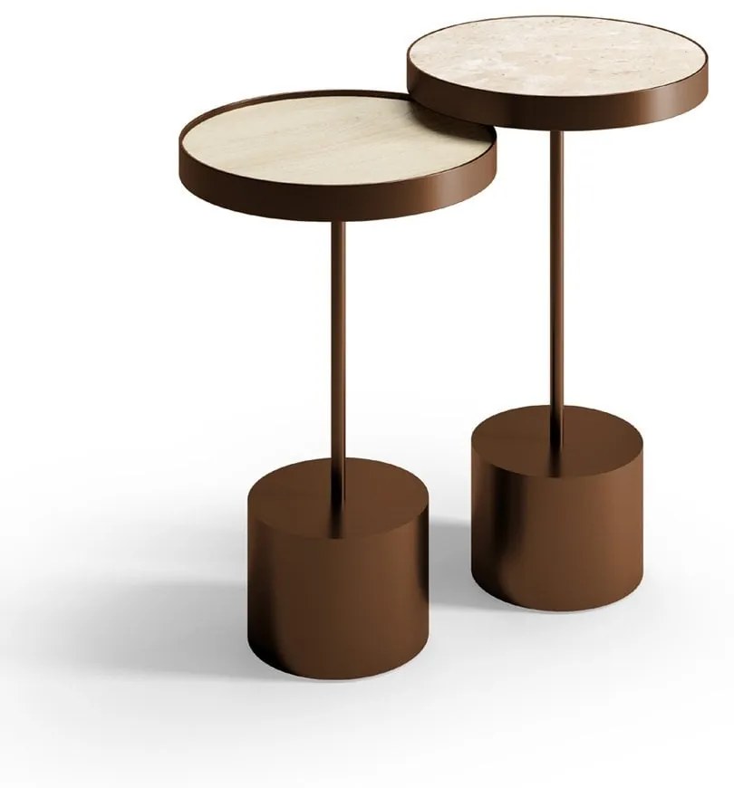 Mesa Lateral Lovenna Redonda Tampo Vidro Marmorizado com Aro Metálico Base Aço Carbono com Pintura Epóxi