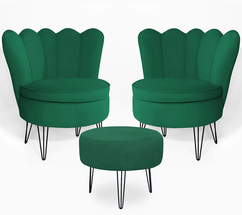 Conjunto 2 Poltrona Dália com Puff Chloe Pés Hairpin Legs Preto Veludo Verde Bandeira
