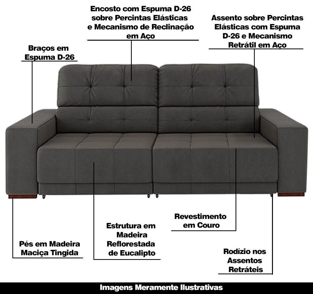 Sofá Sala de Estar Retrátil e Reclinável 4 Lugares Lisboa 250cm Couro Cinza G58 - Gran Belo