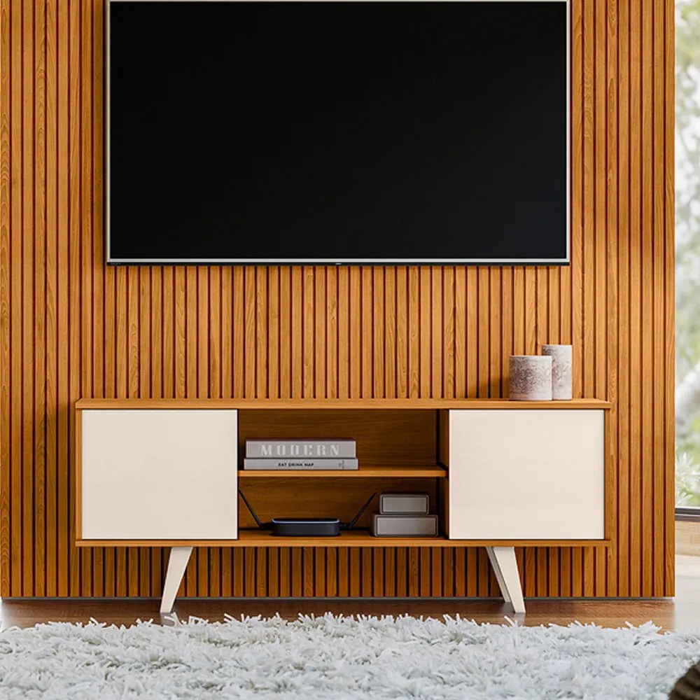 Painel TV 65 Pol 179cm Ripado Valen e Rack Bancada Korelli Cinamomo/Off White M20 - D'Rossi