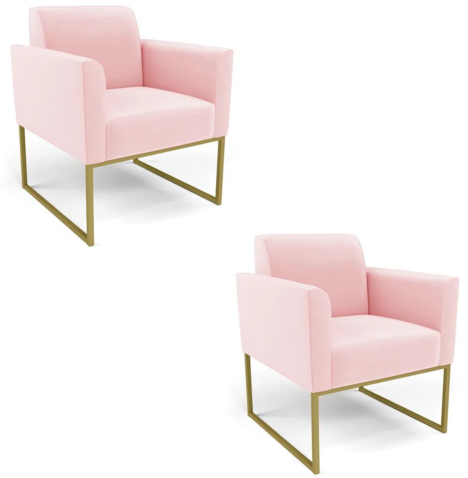 Kit 2 Poltronas Base Industrial Dourado Marisa Suede Rosa Bebê D03 - DRossi