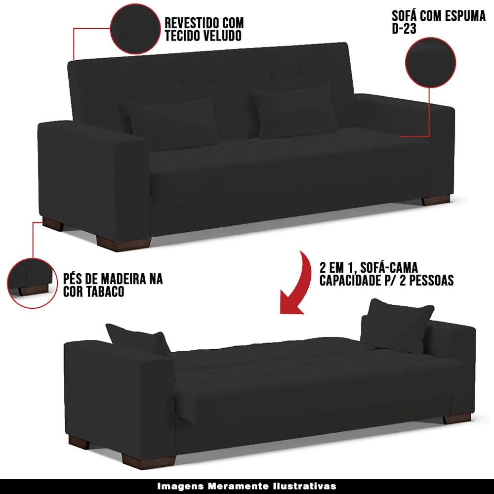 Sofá Cama Decorativo 210cm Beesley Veludo Preto G19 - Gran Belo