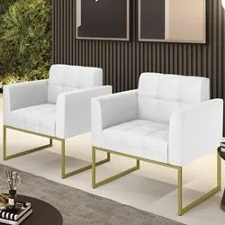 Poltrona Base Industrial Dourado Kit 2 Ana Sintético Branco - Ibiza