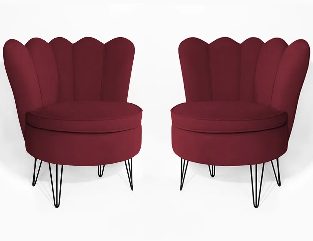 Conjunto 2 Poltrona Dália Pés Hairpin Legs Preto Veludo Bordô
