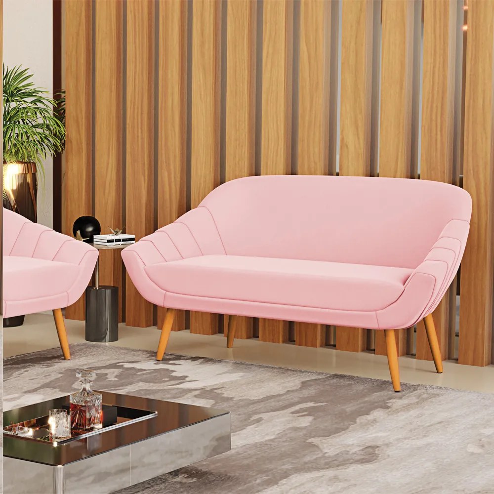 Kit 01 Namoradeira 02 Lugares e 01 Poltrona Giovana Suede Rosa Bebê Pés Palito Castanho - D'Rossi