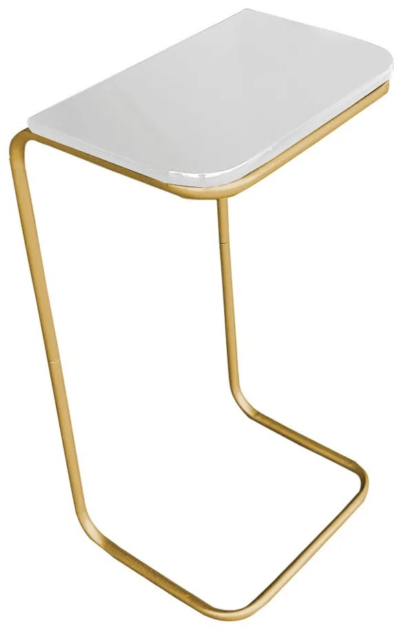Kit 02 Mesas Lateral Tampo Branco Multiuso para Sofá Base Metálica - D'Rosi - Dourado