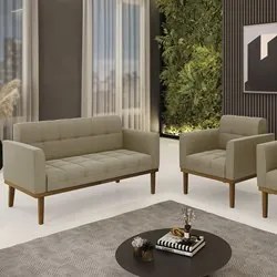 Sofá Namoradeira e 1 Poltrona Base Madeira Castanho Ana Suede Marrom R