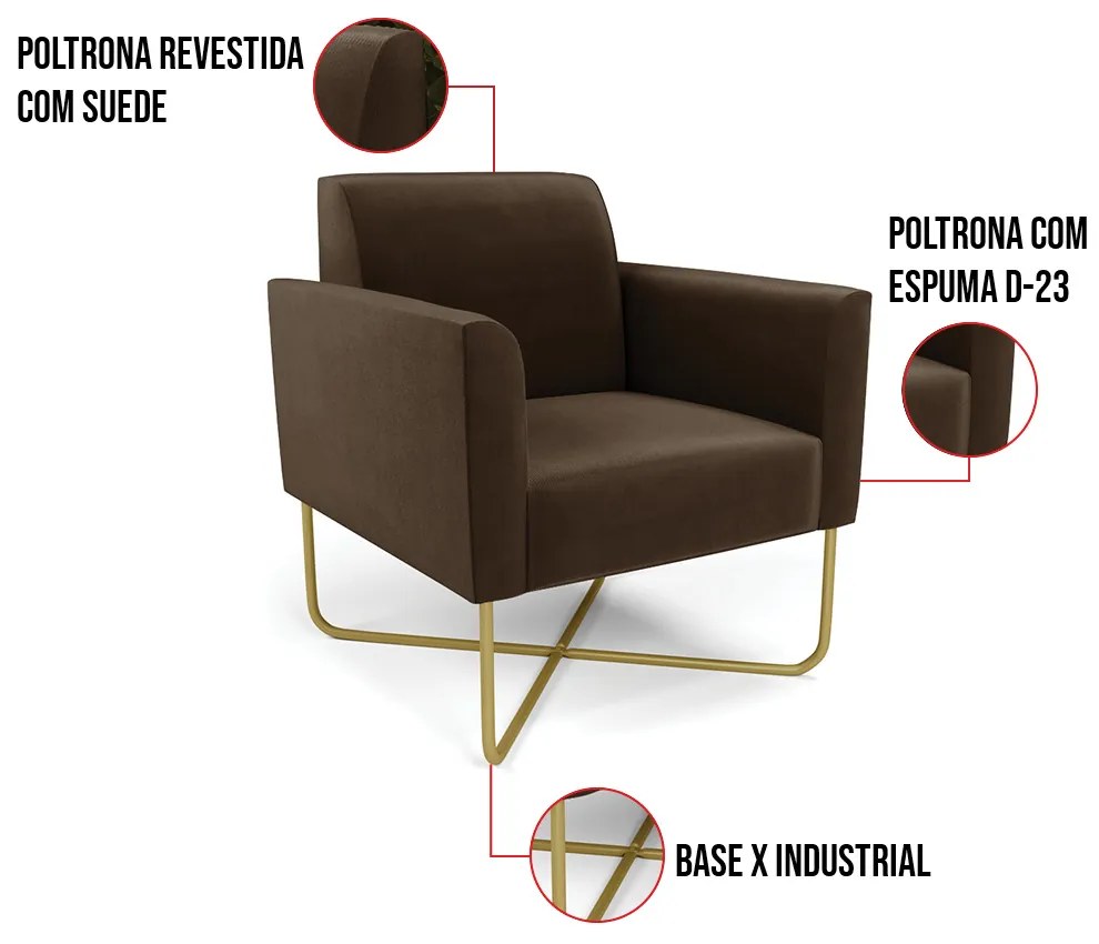 Poltrona Base X Industrial Dourado Marisa Suede - Marrom