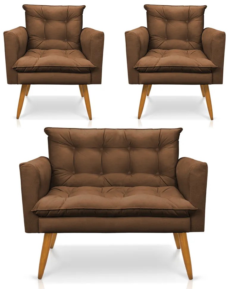 Kit 1 Sofá Namoradeira e 2 Poltronas Tais Suede Marrom Pés Palito Castanho - D'Rossi
