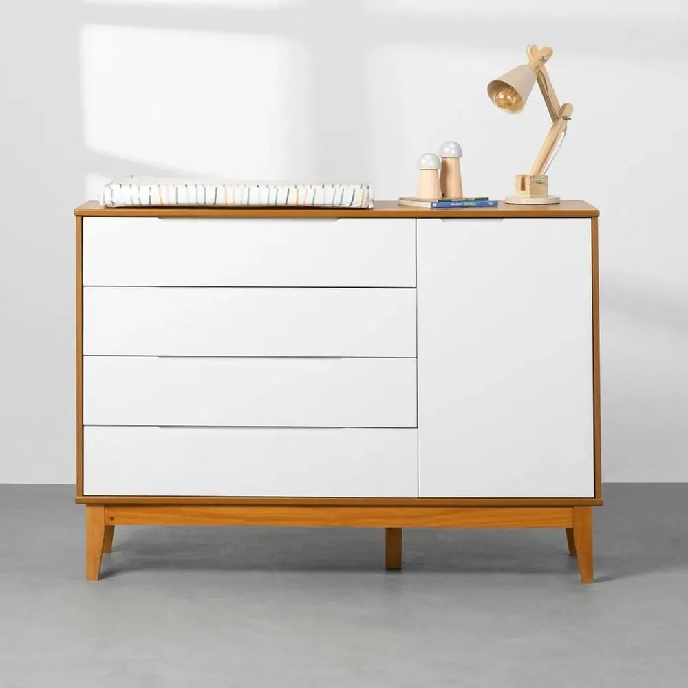 Cômoda Elfe 4 Gavetas e 1 Porta com Pés Square Mel - Branco  e  Savana - Cômoda Elfe 4 Gavetas e 1 Porta com Pés Square Mel - Branco Fosco e  Savana