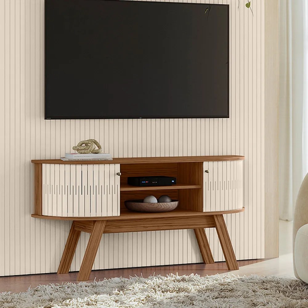 Painel TV 65 Pol 179cm Ripado Valen e Rack Bancada Rylan M20 - D'Rossi - Naturale(fosco)/Off White(brilho)