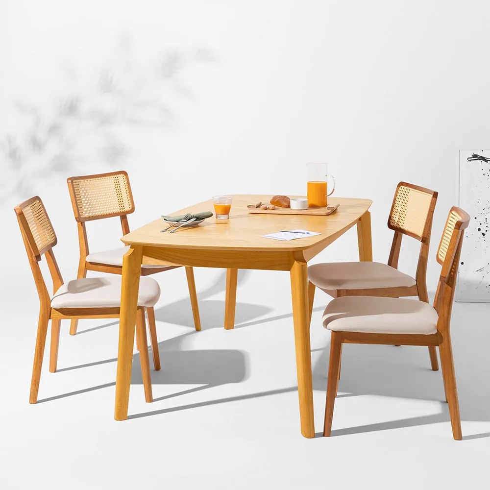 Conjunto Mesa de Jantar Lalá Retangular Carvalho Americano - 1,60m x 90cm + 4 Cadeiras Lalá Encosto Palha Creme - Cru