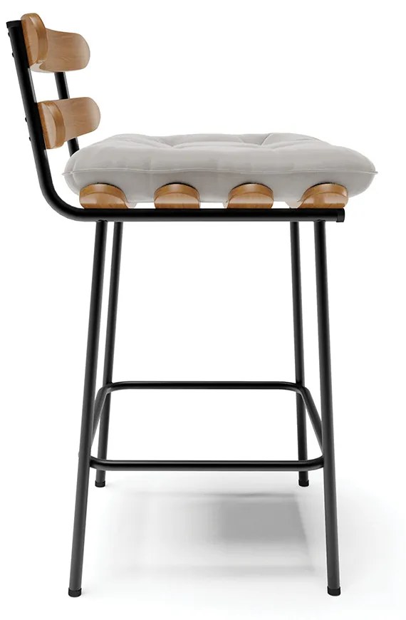 Kit 04 Banquetas Costela Veludo Base Metálica Preto - D'Rossi - Cinza