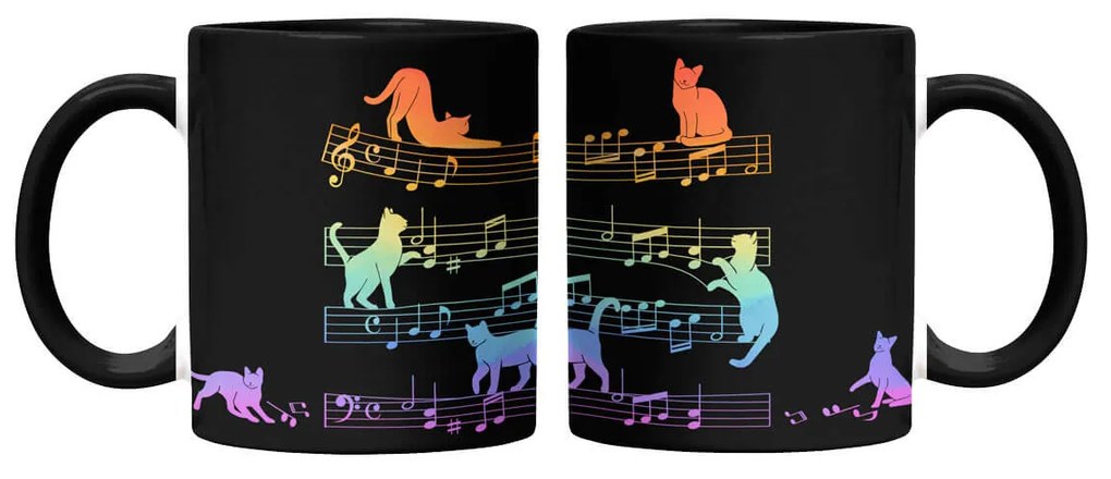 Caneca Gato Musical Arco Iris Cat Lover Preta com Alça Preto
