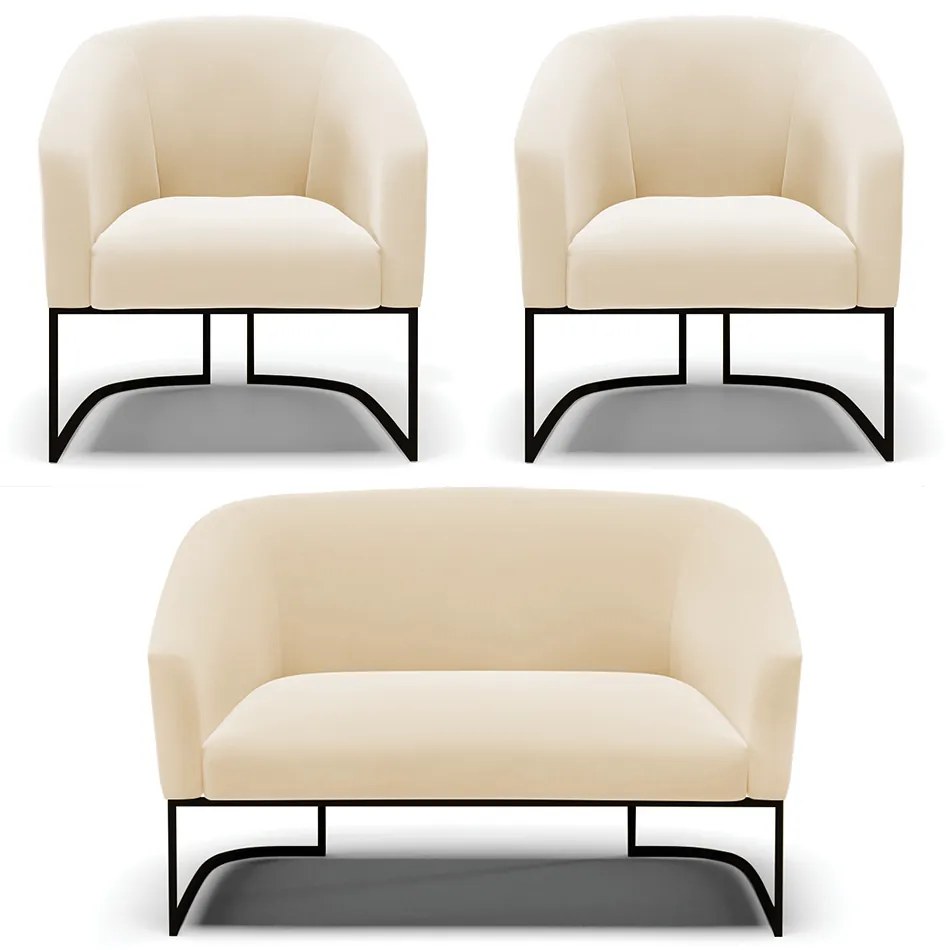 Namoradeira e 2 Poltronas Industrial Preto Stella Suede D03 - D'Rossi - Bege