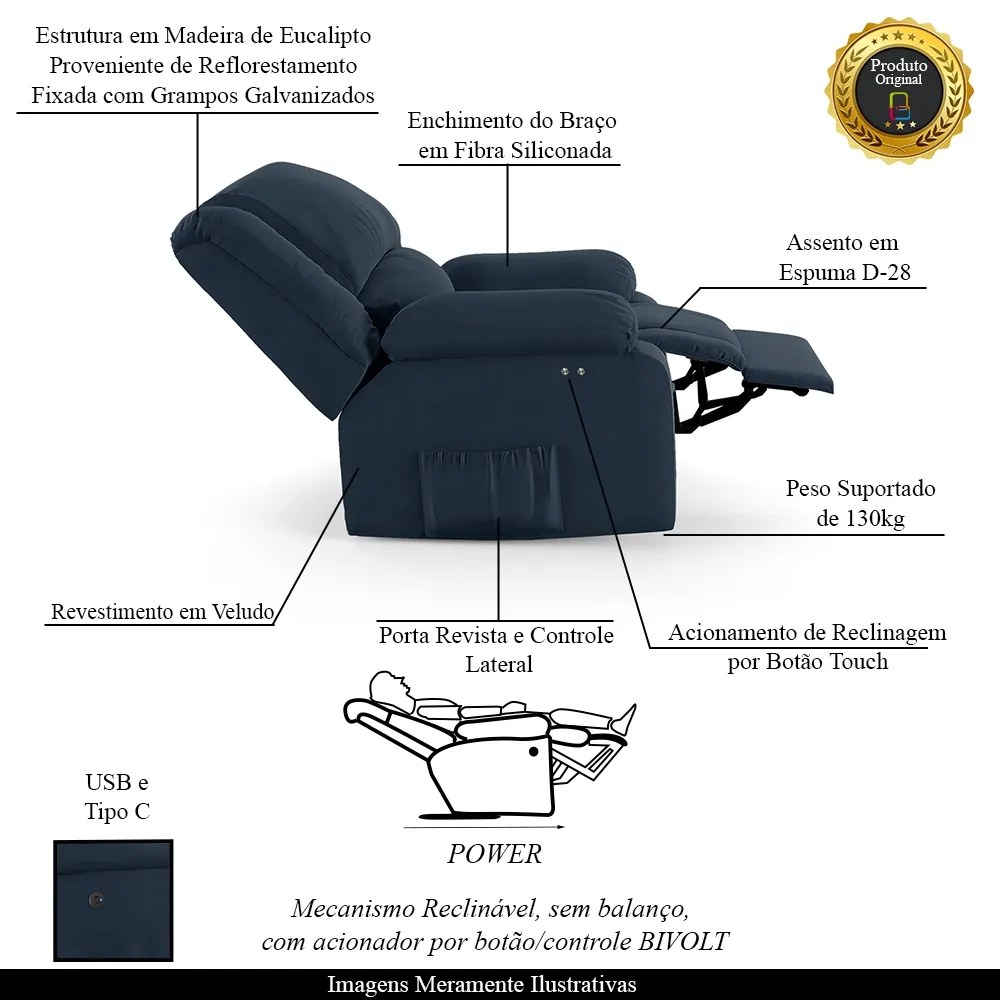 Poltrona do Papai Reclinável Sala de Cinema Madrid Power Touch USB Veludo Azul G23