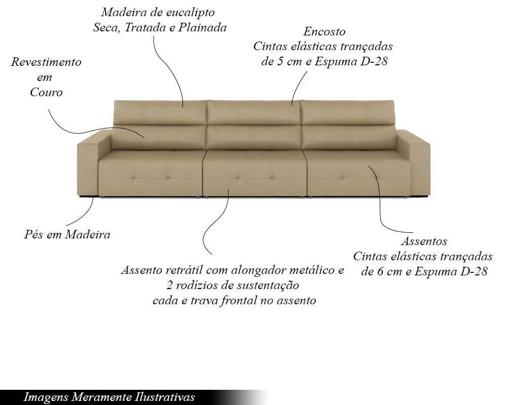 Sofá Retrátil 5 Lugares 374cm 3 Módulos Nero Couro Bege G52 - Gran Belo