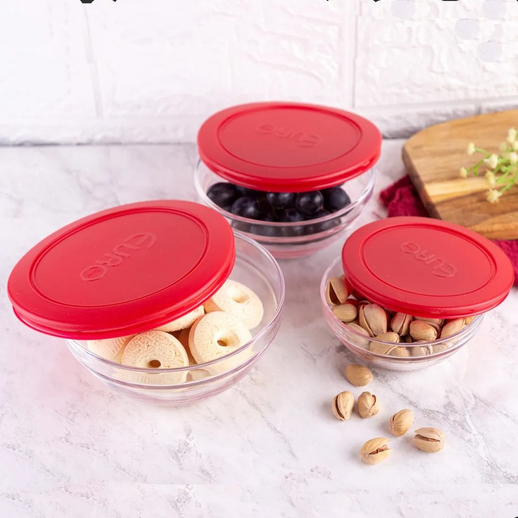 Conjunto de Potes de Vidro Com Tampa Vermelho (3 Peças)