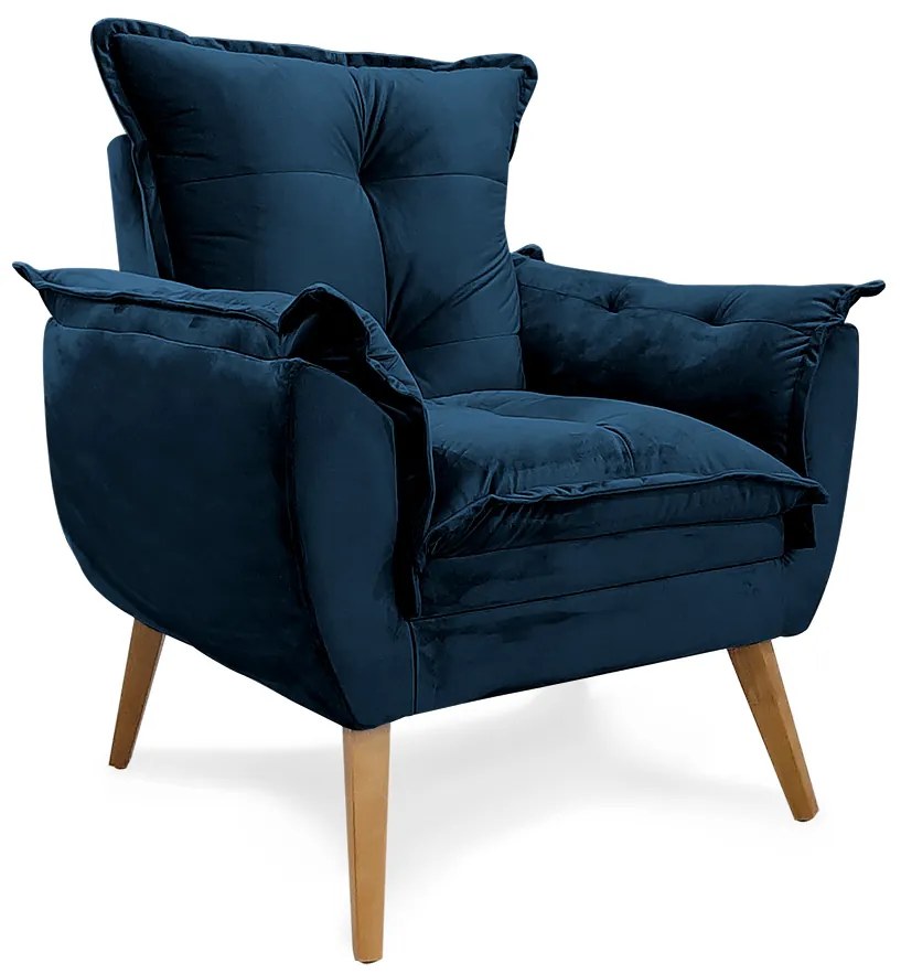 Poltrona Decorativa Apolo Pés Madeira Veludo Azul - Sheep Estofados - Veludo Azul Marinho