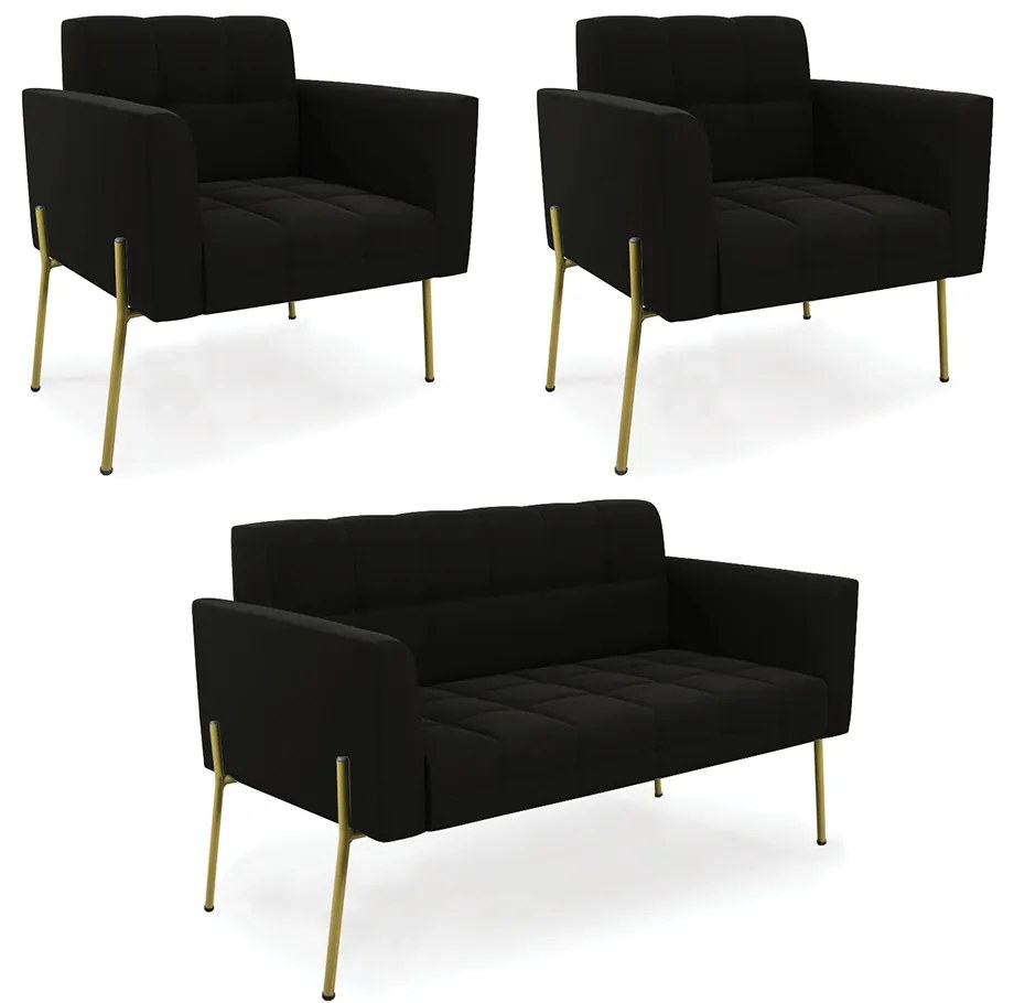 Sofá Namoradeira e 2 Poltronas Pé de Ferro Dourado Elisa Suede D03 - D'Rossi - Preto