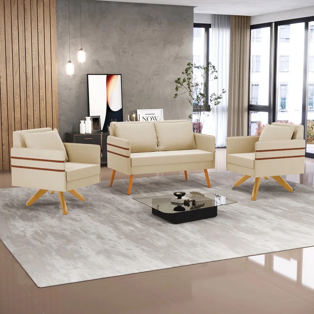 Kit 01 Namoradeira 02 Lugares e 02 Poltronas Mari Suede Base de Madeira MA30 - D'Rossi - Bege