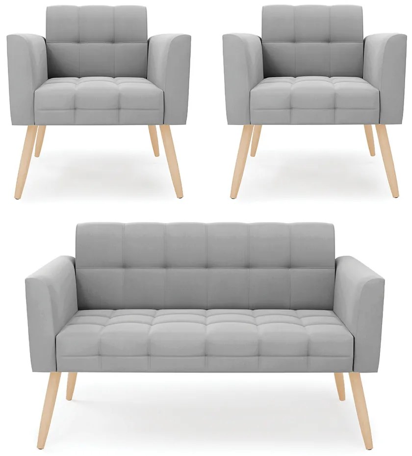 Kit 1 Sofá Namoradeira e 2 Poltronas Elisa Suede Cinza Pés Palito Natural - D'Rossi