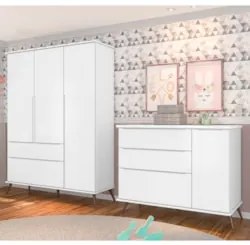 Jogo De Quarto Infantil Guarda Roupa e Cômoda 100% MDF Z39 Mel Branco