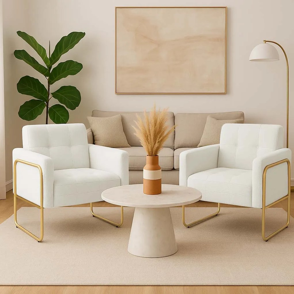 Poltrona Sala Industrial Alta Tubo Dourado kit 2 Elisa Bouclê D03 - D'Rossi - Off White