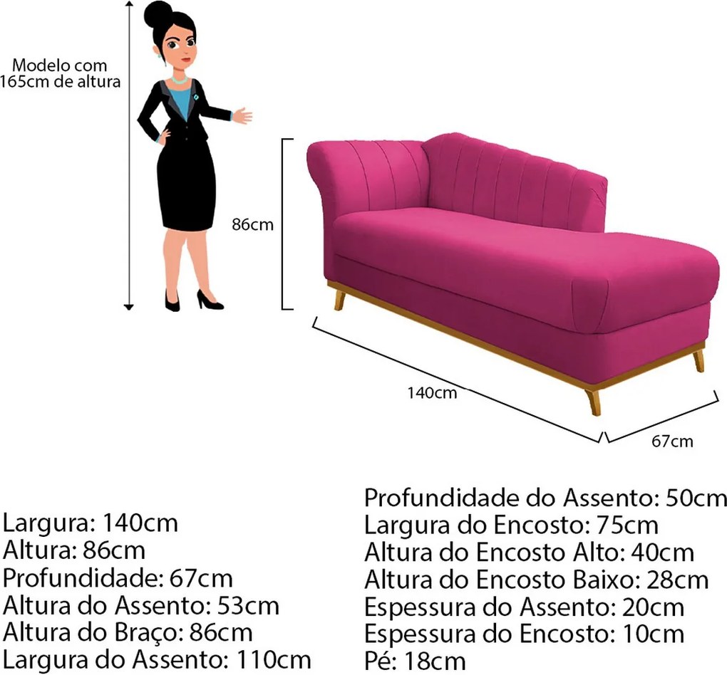 Recamier Vanessa 140cm Lado Esquerdo Suede Pink - ADJ Decor
