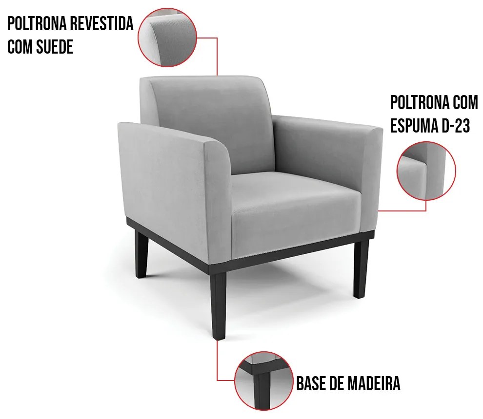 Kit 2 Poltronas Base de Madeira Fixa Preto Marisa Suede D03 - D'Rossi - Cinza