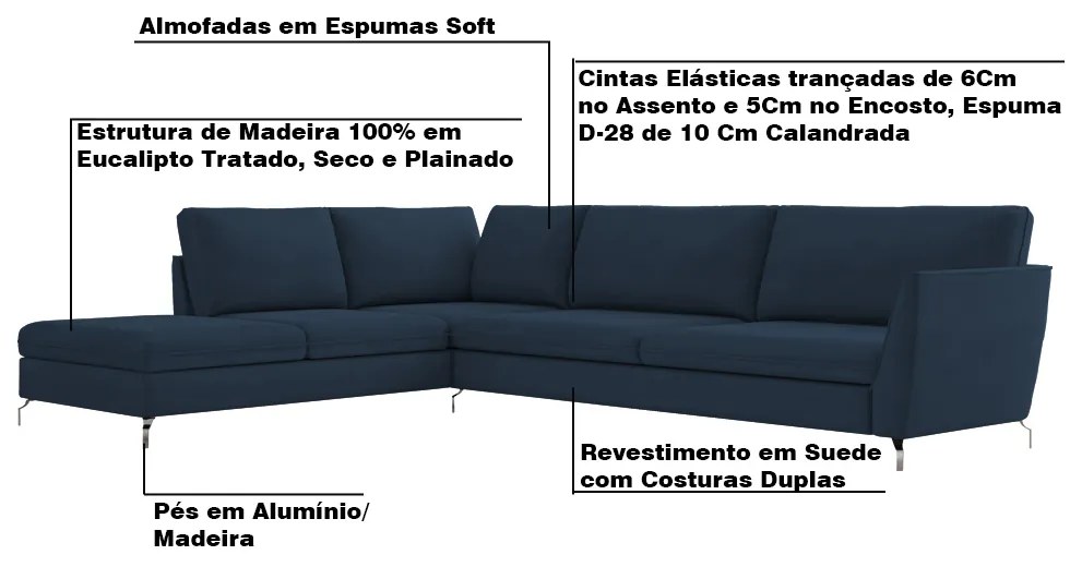 Sofá de Canto Chaise Esquerdo 267 cm Olívia Suede Azul G52 - Gran Belo