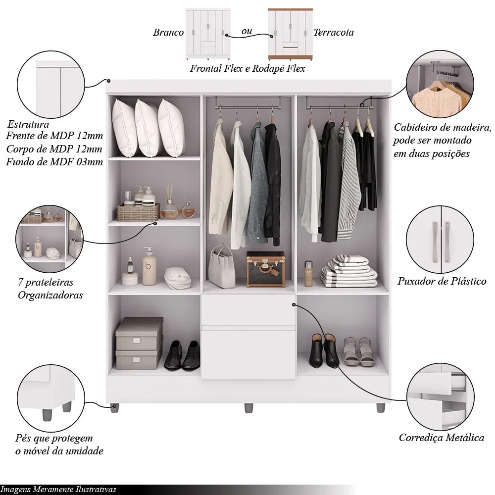 Guarda Roupa Casal Flex Abruzzo 6 Portas de Bater 2 Gavetas Branco/Terracota G98 - Gran Belo
