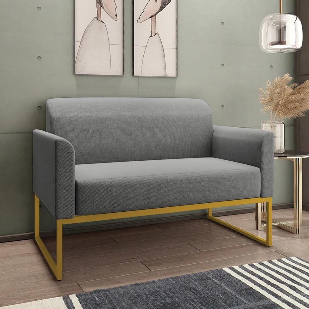 Poltrona Namoradeira Decorativa Isabella Base Industrial Linho Grafite/Dourado G19 - Gran Belo