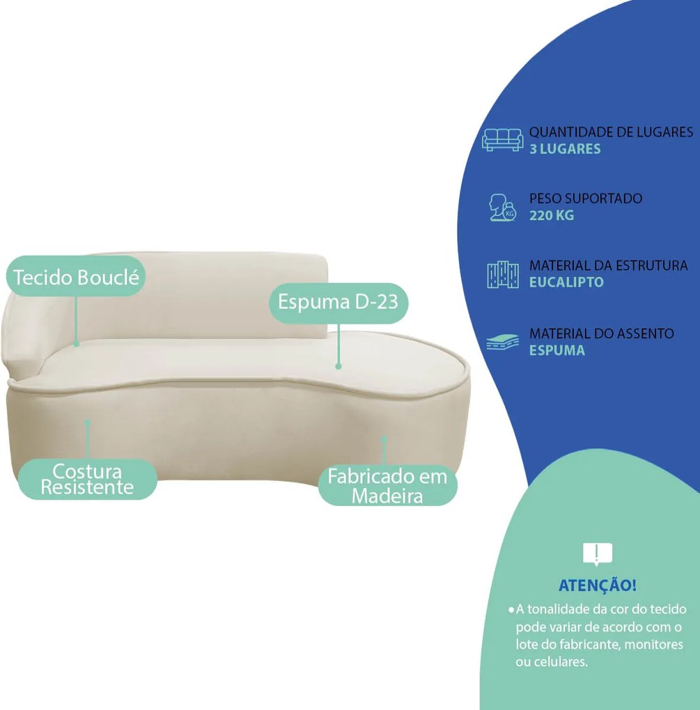 Divã Recamier Curvo Sala de Estar Recepção Marrocos 200cm Lado Direito Bouclé