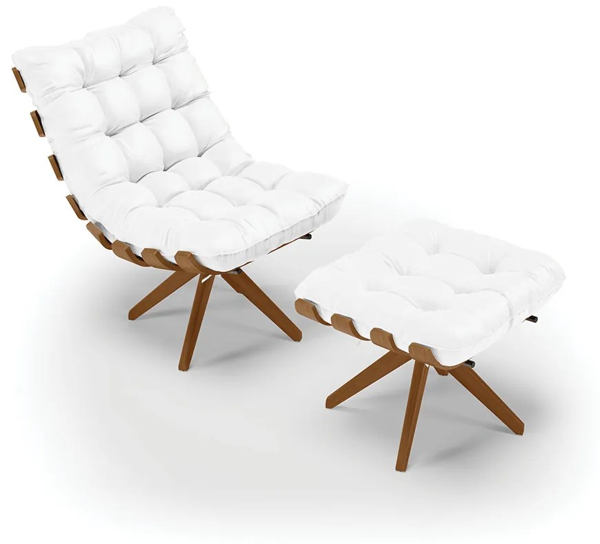 Poltrona com Puff Giratório Costela  Sintético Base de Madeira M11 - D'Rossi - Branco