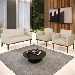 Sofá Namoradeira e 2 Poltronas Base Madeira Castanho Maressa Veludo Lu