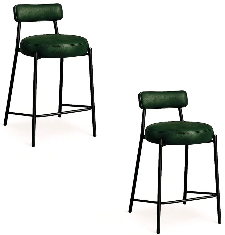 Banqueta de Cozinha Baixa com encosto Industrial em aço kit 2 Londres PU D03 - D'Rossi - Verde