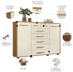 Cômoda Para Quarto 7 Gavetas 160cm Fontaine A02 Off/Freijó  - Mpozenat