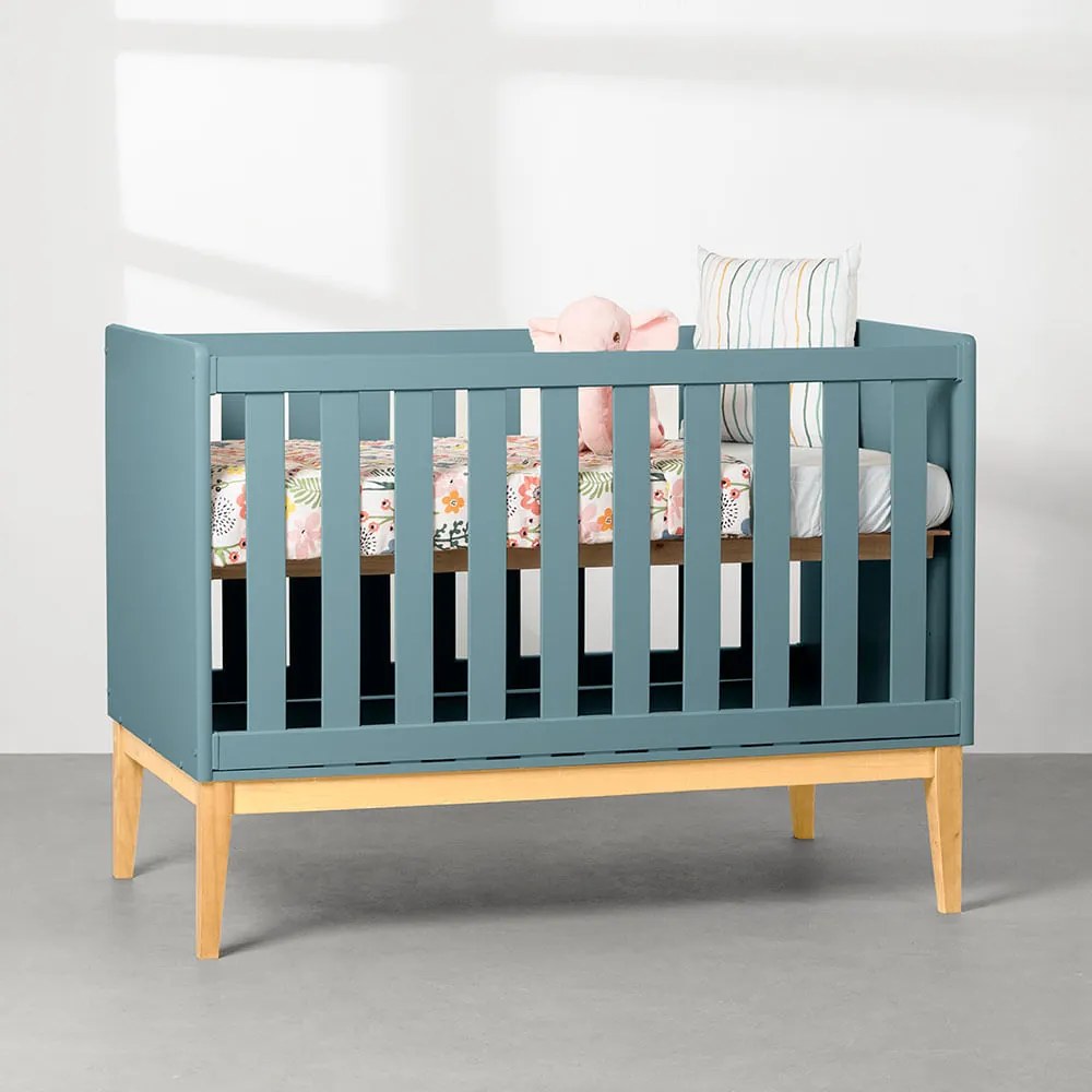 Berço Mini Cama Retrô Square com Pés em Madeira Natural - Azul