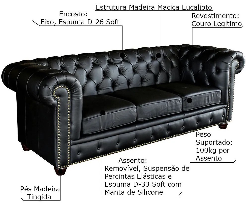 Sofá 3 Lugares Sala de Estar 235cm Chesterfield Pés Madeira Couro Preto G40 - Gran Belo