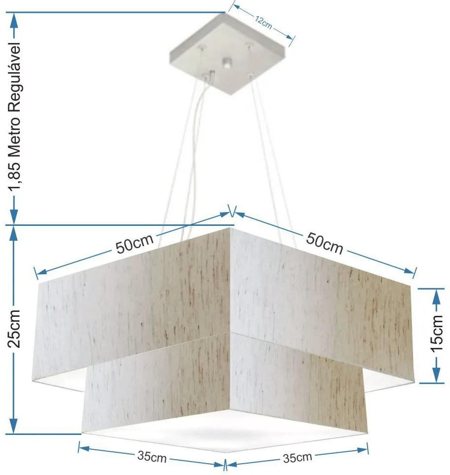 Lustre Pendente Duplo Quadrado Vivare Md-4066 Cúpula em Tecido 50x35cm Linho Bege - Bivolt