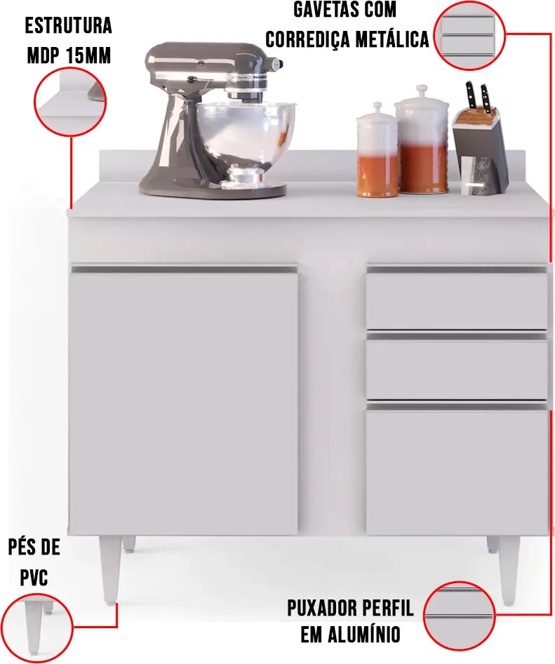 Balcão de Cozinha Lavanderia com Tampo 02 Gavetas Bia 100 cm L06 - D'Rossi - Branco
