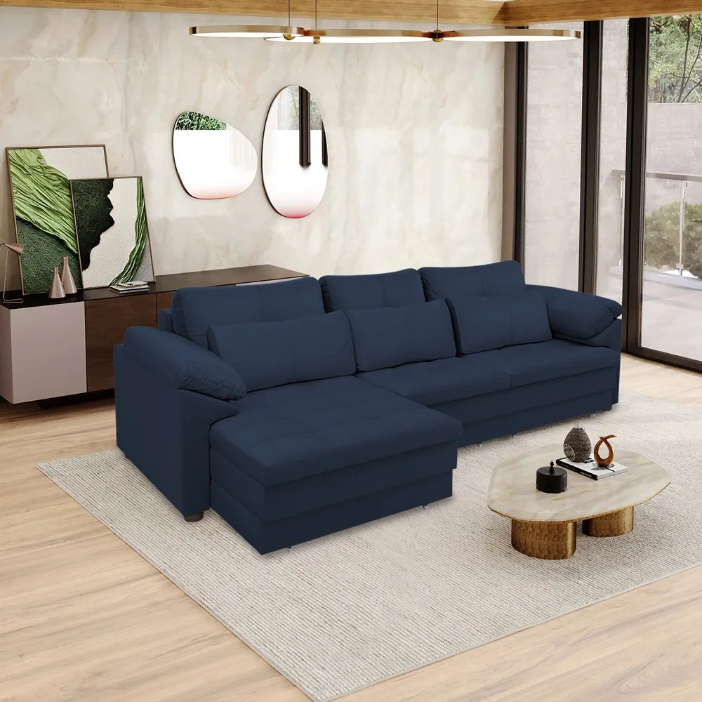 Sofá Retrátil Manual Sala de Estar Nolan Bipartido 257cm Conforto Premium em Couro Azul Marinho G58 - Gran Belo