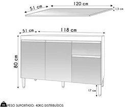 Balcão de Cozinha Com Tampo 120cm 1 Gaveta Tatiane Amêndoa/Preto - AJL