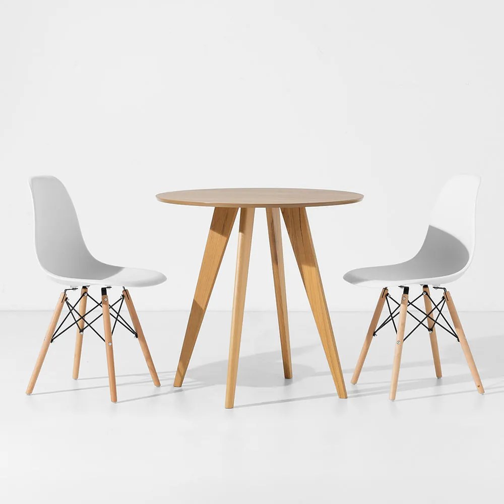 Conjunto Mesa Square Redonda Louro Freijó 80cm + 2 Cadeiras Eiffel – Branco
