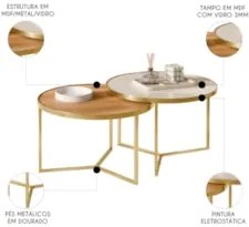 Mesa de Centro Pés Metálicos Kit 2 Thor Off/Cinamomo/Dourado E05 - Mpo