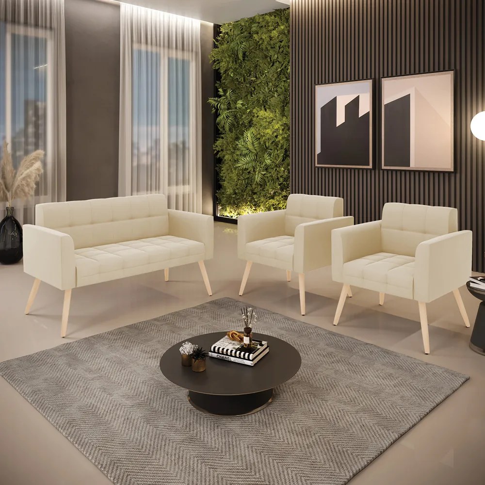 Kit 1 Sofá Namoradeira e 2 Poltronas Elisa Suede Bege Pés Palito Natural - D'Rossi