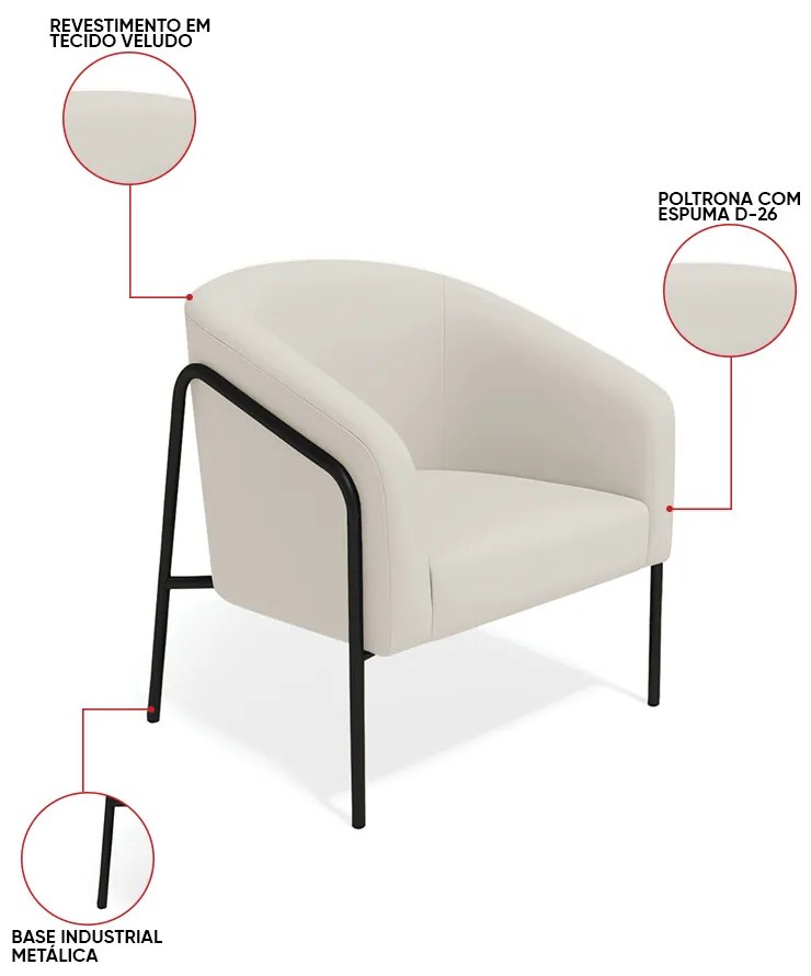 Poltrona Sala Industrial Alta Preto Kit 2 Stella Veludo D03 - D'Rossi - Cinza