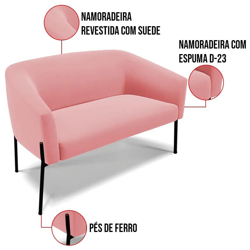 Sofá 2 Lugares Namoradeira Pé de Ferro Preto Stella Suede Rosê D03 - D'Rossi