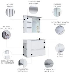 Gabinete Banheiro com Lavatório e Espelheira Zeus Branco F10 - Mpozena